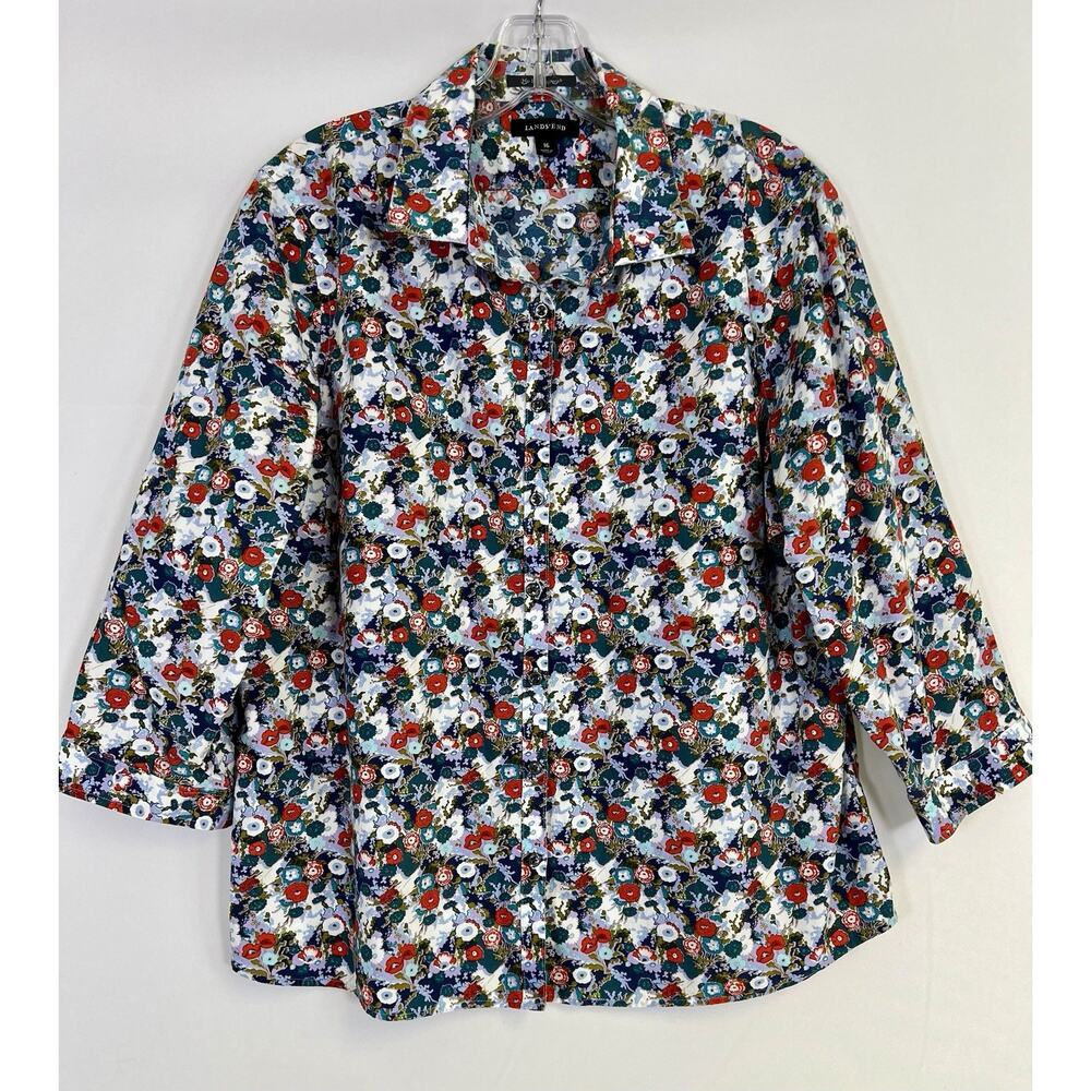 Lands End No Iron Supima Shirt Size 16W Blue Floral Cotton Blouse Top Button‎ Up